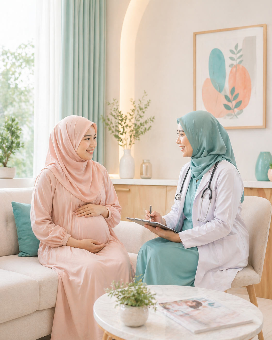 Ibu hamil berhijab sedang berkonsultasi dengan dokter untuk hero mobile Smart Pregnancy Clinic